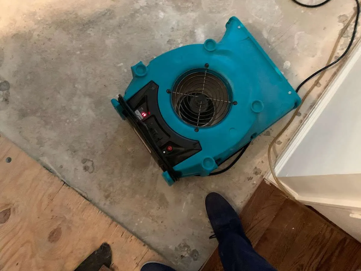 Air mover drying subfloor during Leak Detection & Repair in Chalco