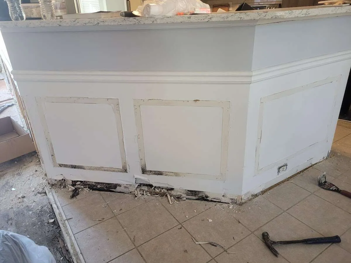 Water damage and mold on kitchen during Storm Damage Restoration in Chalco